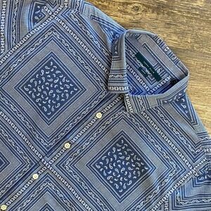 Perry Ellis Shirt Men's XXL Slim‎ Fit Blue Paisley Bandana Print Cowboy Country